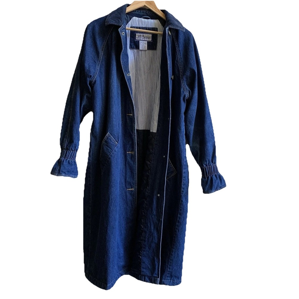 Jill Evans Coat Womens VTG Blue Cotton Denim Full Length Corduray Cuffs Warm (S)